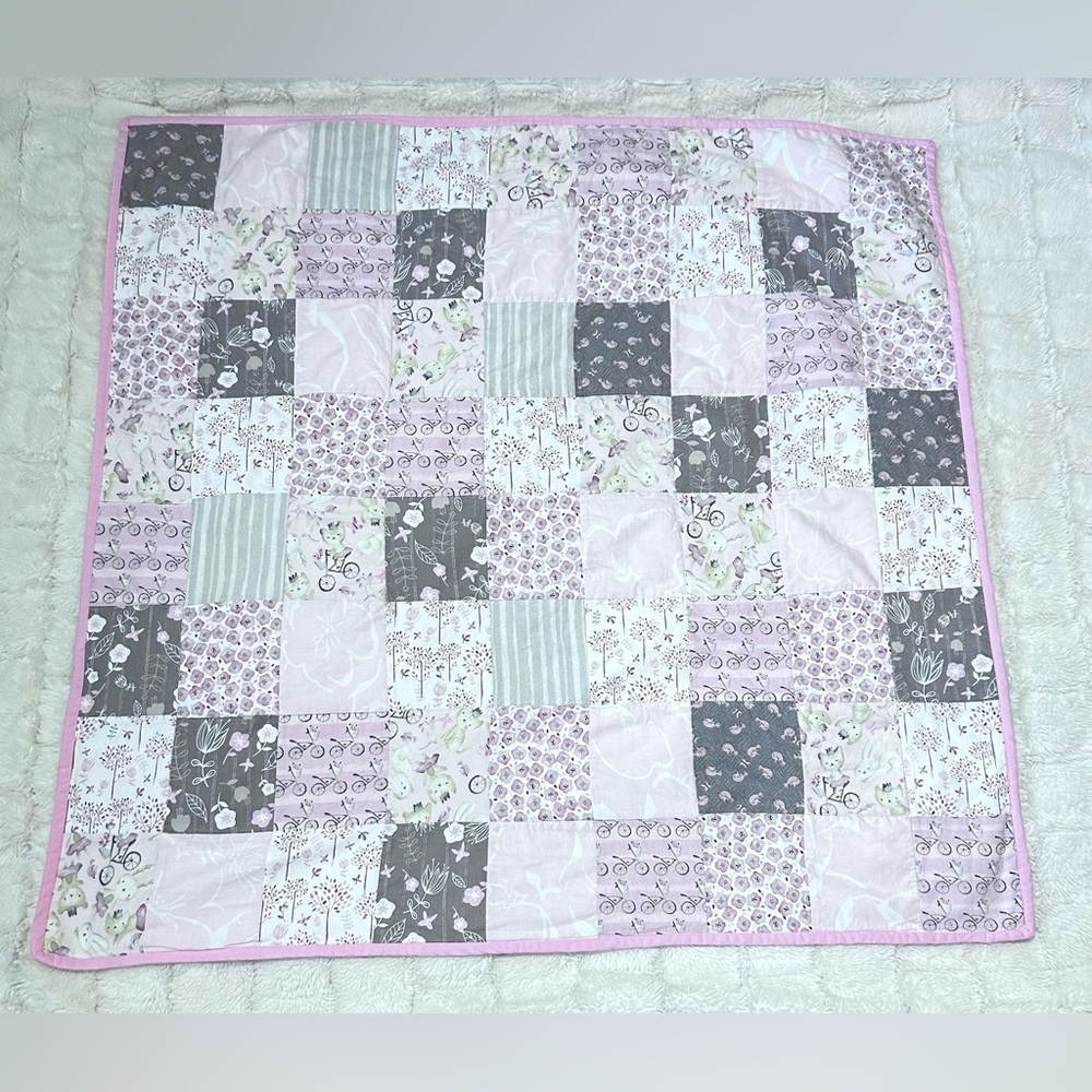 Patchwork Quilt Pink Gray Baby‎ blanket Crib Blanket Bunny Owl Size 38” X 38 “
